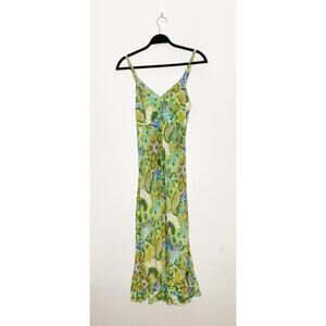 Rainbow Jo Women's Midi Sun Dress Green Floral Paisley Adjustable Straps Ruffle